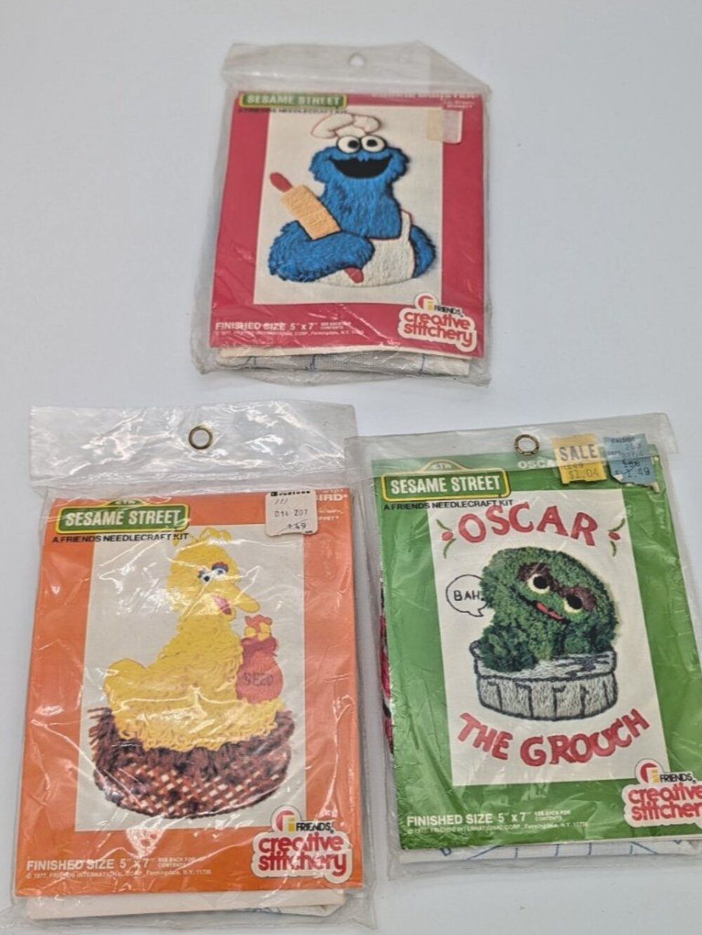 1977 Sesame Street Oscar, Big Bird, & Cookie Monster Needlecraft Kits-3 in Lot